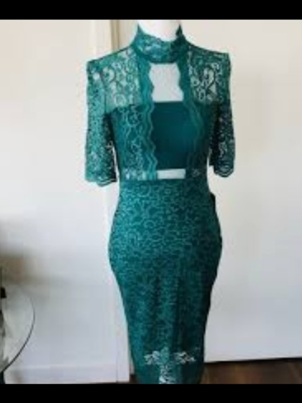 Express Teal Lace Midi Dress with High Neck